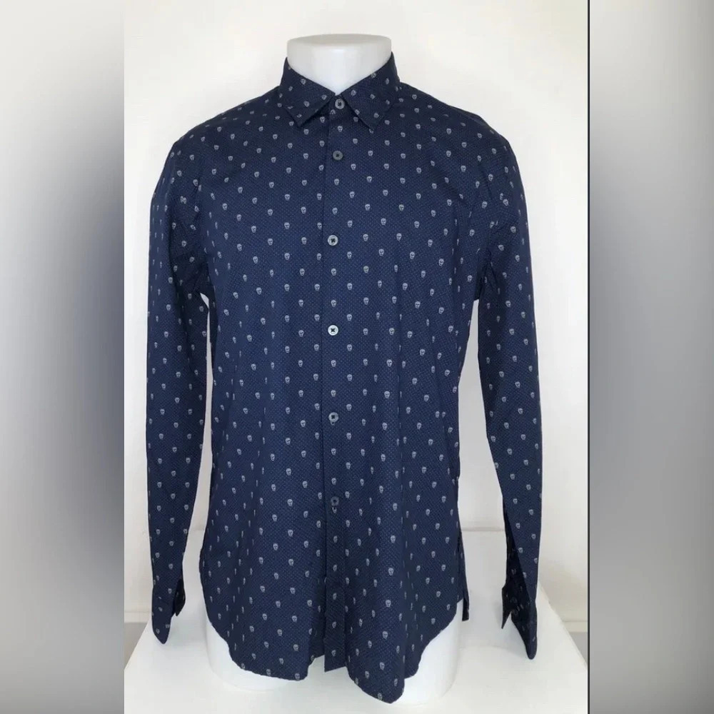 ! John Varvatos Men’s Blue Skulls 100% Cotton Collared Button Up Shirt Size